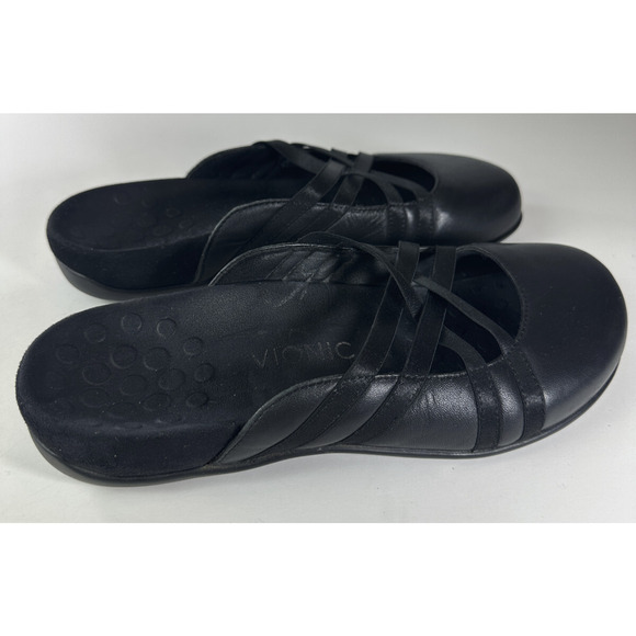 Vionic CLAIRE Flat Mule Slide Leather Crisscross Comfort Shoes Black Size 9 - Picture 5 of 15